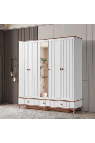 Beenal Sıla 5 Kapaklı Gardırop Çekmeceli Dolap 192cm. Beyaz-a.çam