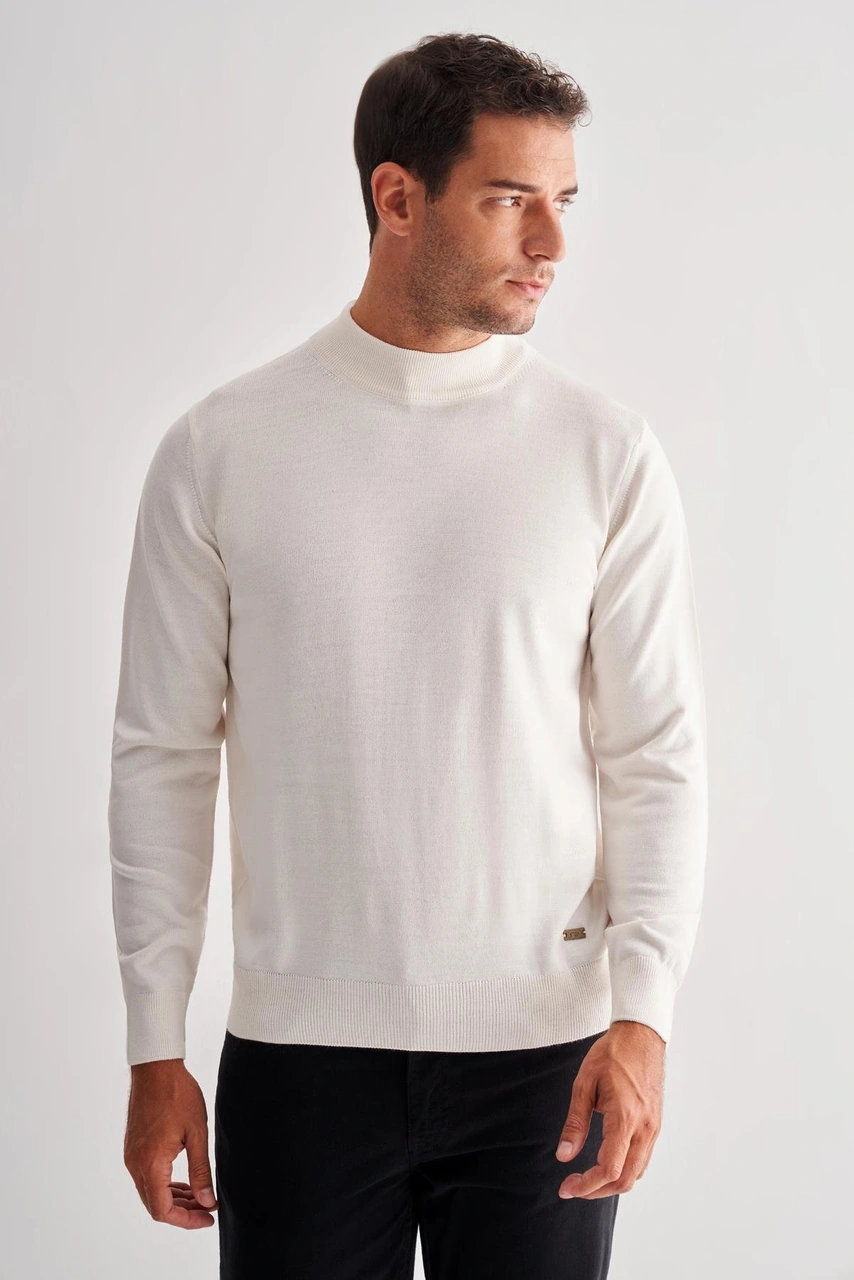 İmza Krem Yarım Balıkçı Yaka Cepsiz Comfort Fit Classic Yünlü Triko Kazak 1012255001 Krem