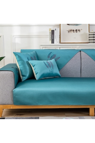 Sones Tüy Desenli Yazlık Buz İpeği Kaymaz Tam Kapsamlı Kanepe Kılıfı, Boyut: 70x150cm Mavi