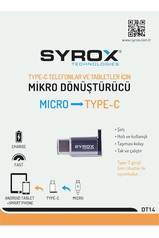 Micro Usb Giriş Type-C Uç Şarj Çıkış Dönüştürücü Syrox Dt14