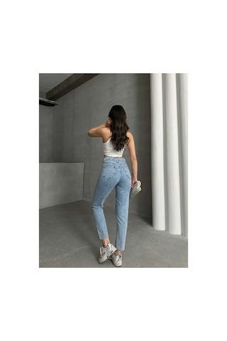Kene Jeans Yüksek Bel Taş Yıkama Diz Lazer Yırtık Detaylı Mom Jeans Taş