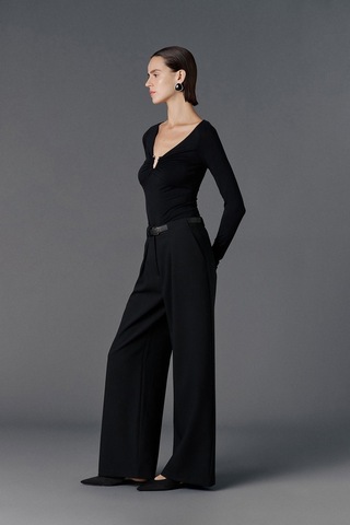 Vatkalı Kemerli Wide Leg Pantolon-20480 Siyah