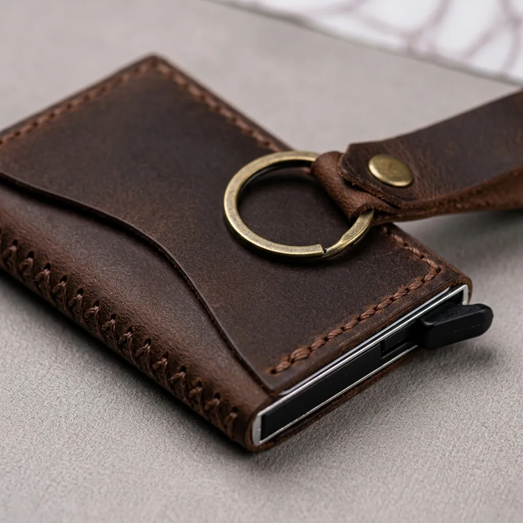 Natderi Hakiki Deri Mekanizmalı Cüzdan Anahtarlık Hediyelik Set El Dikişi Unisex Taba 7x10 Cm