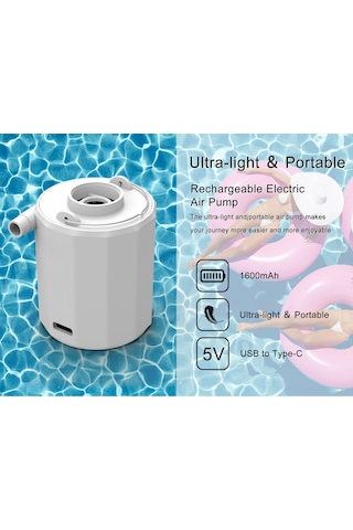 Mufunye Beyaz Mini Elektrikli Hava Pompa, 3 Işık Modu Hafif/parlak/sos , Usb Şarjlı, 3.5kpa Basınç, 180l/dak Hız, Dış Mekan Kullanıma Uygun