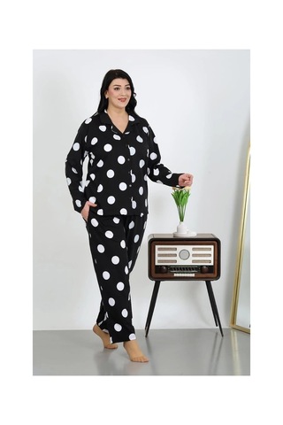 Najmaddin.com Beru Kadın Büyük Beden Pamuklu Cepli Düğmeli Siyah Pijama Takım