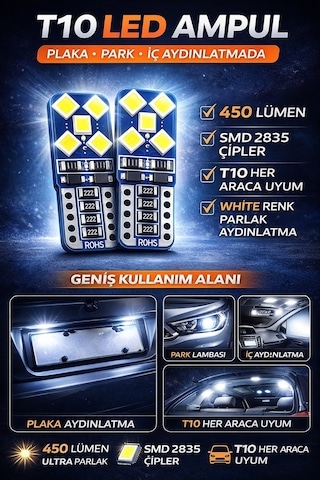 T10 Led Ampul Beyaz 12v Canbus Hatasız Ultra Parlak 450 Lümen Park Plaka İç Aydınlatma Tavan Bagaj Torpido W5w 2 Adet