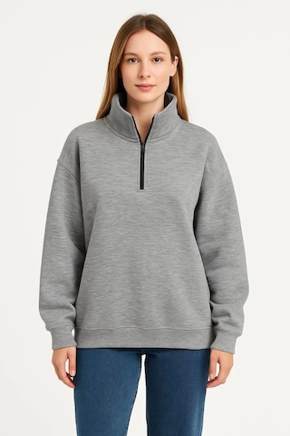Primemagazam Kadın 3 İplik Pamuklu Dık Yaka Yarım Fermuarlı Sweatshirt - Gri Çeşitli