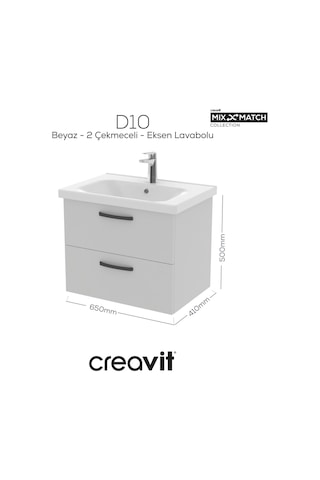 Creavit D20 65 Cm İki Çelmeceli Lavabo Dolabı Beyaz Melamin Kapak Demonte Beyaz