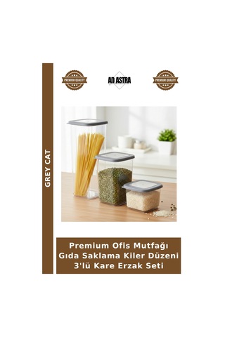 Premium Ofis Mutfağı Gıda Saklama Kiler Düzeni 3'lü Kare Erzak Seti Çok Renkli