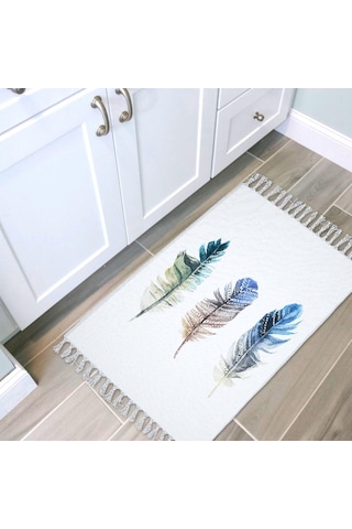 Banyo Halısı Dijital Baskılı Banyo Paspası 50x80 Polyester Kaymaz Tabanlı Duş Paspası Plume Beyaz - Siyah