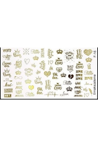 Altın Love ve Kalpli Tırnak Dövme Tırnak Sticker Nail Art F 16