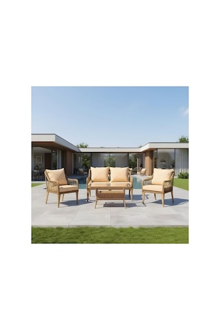Dora Garden Home Zen Rattan Bahçe Balkon Takımı 2+1+1 Camlı Masalı Kahverengi Siyah Çizgili