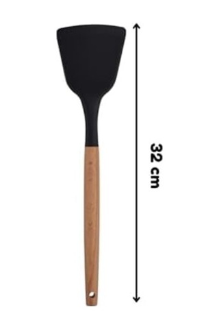 Ahşap Saplı Silikon Mutfak Servis Ve Hazırlama Açılı Spatula, Siyah, 1 Adet 0