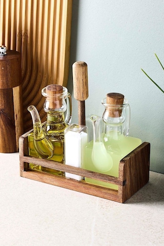 Romey 4'lü Borosilikat Cam Akasya Standlı Yağdanlık Tuzluk Biberlik Seti Seffaf Şeffaf