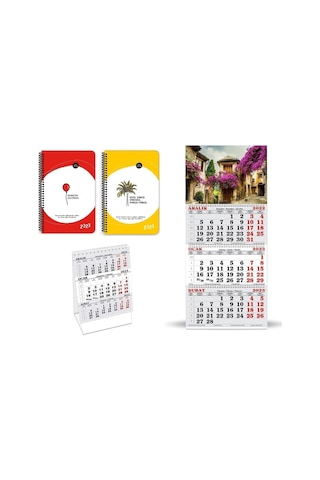 2023 4 Lü Set 2x Haftalık Ajanda - +masa Takvimi+duvar Takvimi Kırmızı-sarı