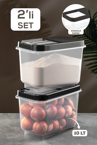 Meleni Home 2'li Multibox 10 Lt Bakliyat Saklama Kabı - Kayar Kapaklı Erzak Saklama Kabı Un Kabı Antrasit Çok Renkli
