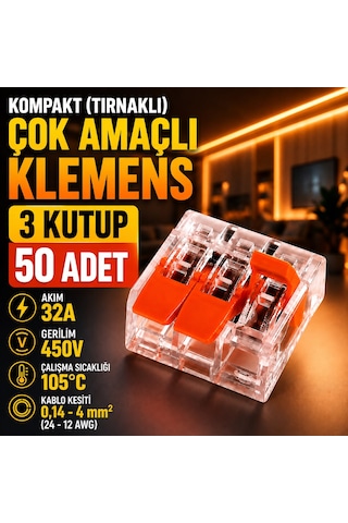 50 Adet Kompakt Tırnaklı Çok Amaçlı Klemens-3 Kutup