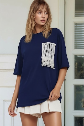 Mamayaga Kadın Bisiklet Yaka Yarım Kol Basic Pamuk Düz Cep Örgü Curve Büyük Beden Tshirt Lacivert 54 - 56