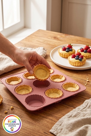 Silikon Tartolet Kalıbı Kolay Çıkan Esnek Platinum Silikon 9 Gözlü Mini Tart Kek Kalıbı 25 Cm Çok Renkli