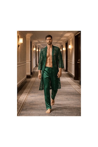 Qmen Style Erkek Kimono Takımı 3 Lü Dantel Set Bornoz + Pantolon + Şort Yeşil