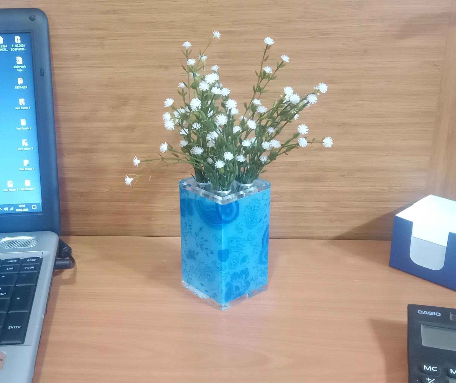 2 Adet Vazo Dahil,vazoda Çiçek,beyaz Yapay Çiçek,vazo Dekoratif Mavi 7x7x17cm Çok Renkli