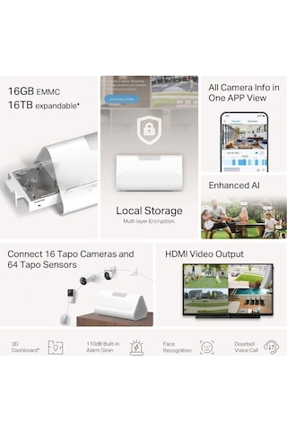 Tp-link Tapo 1h500 Homebase 1tb Ssd Yapayzeka Kamera Depolama Merkezi 16gb Dahili Hafıza Smart Homebase Aı Yüz Tanıma 64 Sensör Ve 16 Kamera Desteği