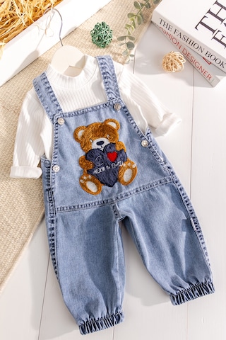 Baby Mod Ayıcık Figürlü Denim 2'li Erkek Bebek Kot Salopet Tulum mavi