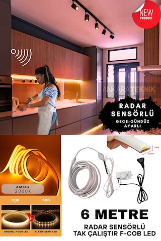 Ankara Teknik Sensörlü Amber Renk F- Cob Neon Led / Yüksek Lümen/ Dolap Alcıpan Tavan Led 6 Metre