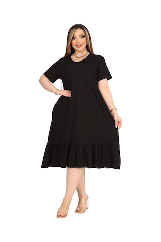 Melsay Butik Göğüsten Robalı V Yaka Kısa Kollu Siyah Cepli Elbise Siyah