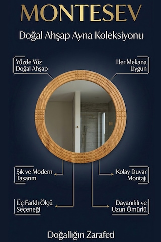 Safir Ahşap Dekoratif Ayna Yuvarlak Ayna Işlemeli Ahşap Duvar Aynası - 43 Cm Ceviz