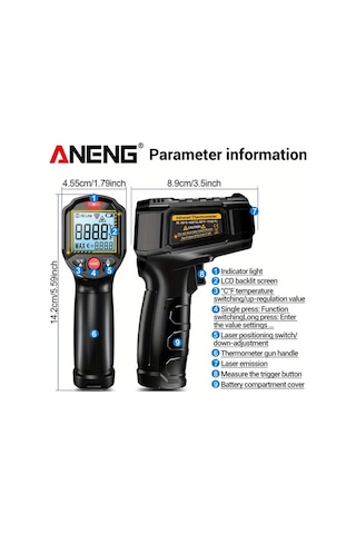 Boatshop1 1pc Aneng Th202 Kırmızı Kızılötesi Termometre Higrometre Temassız Algılama -50 600 Lcd Arka Işık Abs Pil Dahil Değil