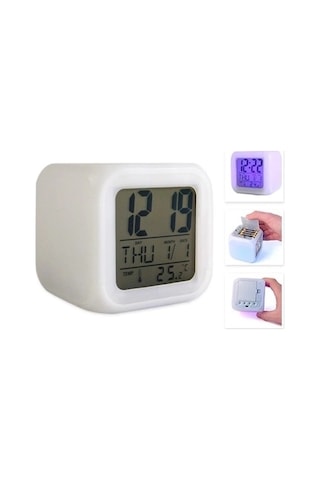 Renk Değiştiren Dijital Alarm Küp Saat Beyaz