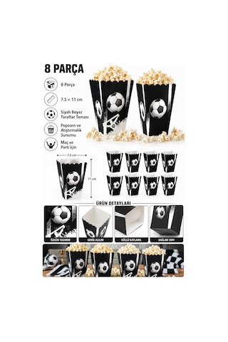 Mısır Kutusu Popcorn Kutusu 8'li Taraftar Siyah Beyaz 7.5x11 Cm Maç Parti Atıştırmalık Kutusu