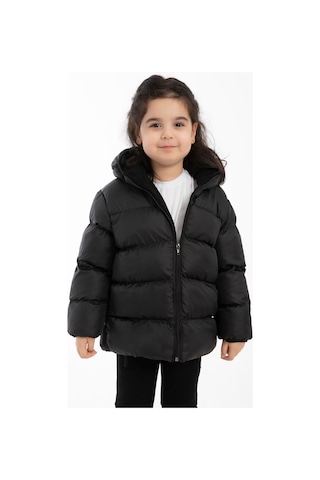 Kız Çocuk Siyah Içi Polarlı Kapüşonlu Su Geçirmez Rüzgara Dayanıklı Şişme Kışlık Mont Siyah
