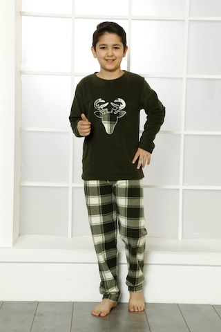 Nisanca Kışlık Baba Oğul Polar Pijama Takımı -geyikli Yılbaşı Aile Pijaması- Tek Adet Haki