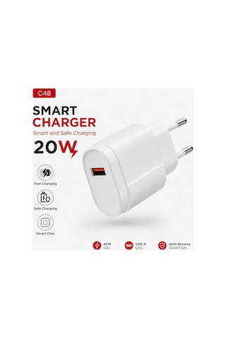 C48 Smart Charger 20w Usb Girişli Hızlı Şarj Adaptörü Fast Charging Smart Chip Safe Charging Adaptör Başlık