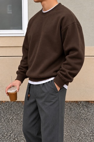 Cool Tarz Erkek 3 İplik Şardonlu Regular Fit Bisiklet Yaka Basic Sweatshirt Kahverengi Kahverengi