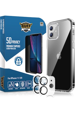 Buff Apple Uyumlu iPhone 11 Avantaj Paket - Air Hybrid Kılıf + Ekran Koruyucu + Lens Koruyucu Privacy Hayalet