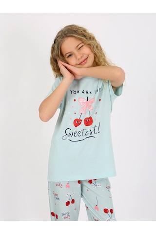 Kız Çocuk Kısa Kollu %100 Pamuklu Pijama Takımı Cherry Mint