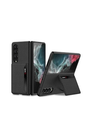 Samsung Uyumlu Galaxy Z Fold 4 Kılıf Kartlıklı Karbon Korumalı Kapak Siyah