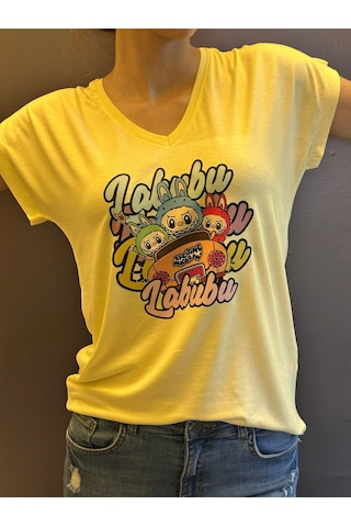 Labubu Baskılı Kadın V Yaka Sarı T-shırt Sarı