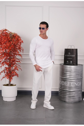 Modefendi Slim Fit Oval Kesim Uzun Kollu Pamuk Basic Tshırt Beyaz