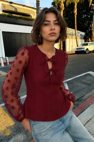 Armonika Kadın Bordo Yakası Bağlamalı Kolları Tül Peplun Bluz Arm-26y001076