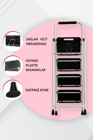 Portalife 4 Basamaklı Uzun Tutacaklı Çelik Şık Merdiven - Beyaz 150 Cm'ye Kadar