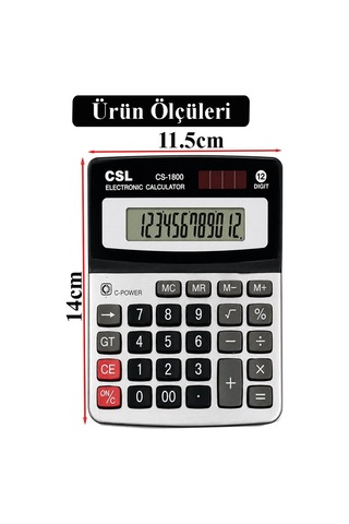 Hesap Makinesi Gri Siyah 11.5x14 Cm 1 Adet Csl Cs-1800 12 Haneli Orta Boy Ofis Büro Masaüstü Hesap Makinası