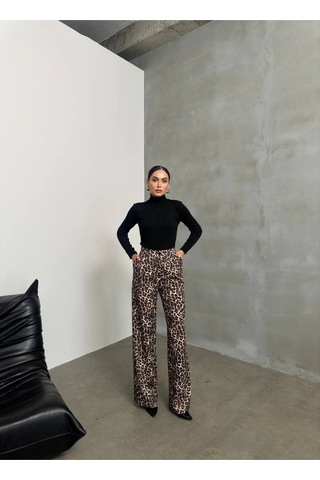 Premium Leopar Desenli Palazzo Pantolon Yüksek Bel, Oversize Bej