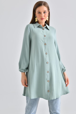 Saade Sââde Kadın Gömlek Yaka Ahşap Düğmeli Kolağzı Lastikli Aerobin Dokuma Tunik - Regular Fit Mint