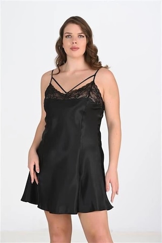 Aria's Closet Arias Closet Premium Büyük Beden Saten Dantel İşlemeli Siyah Gecelik Bigsize Siyah