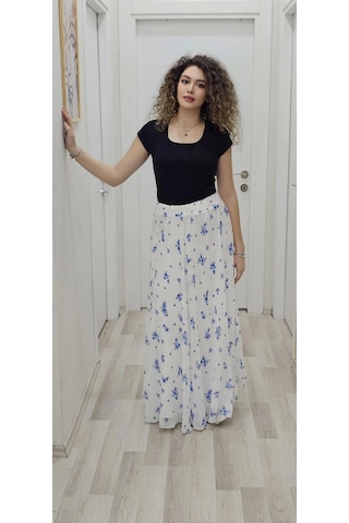 Bel Lastikli Kloş Şifon Etek 6003-beyaz/mavi Beyaz/mavi Beyaz - Mavi