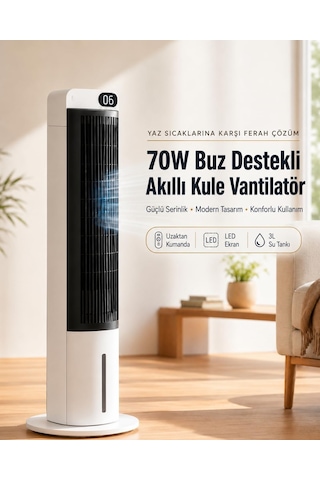 70w Buz Akülü Kule Tipi Vantilatör / Uzaktan Kumandalı / 3l Su Hazneli / 24 Saat Zaman Ayarlı Fan